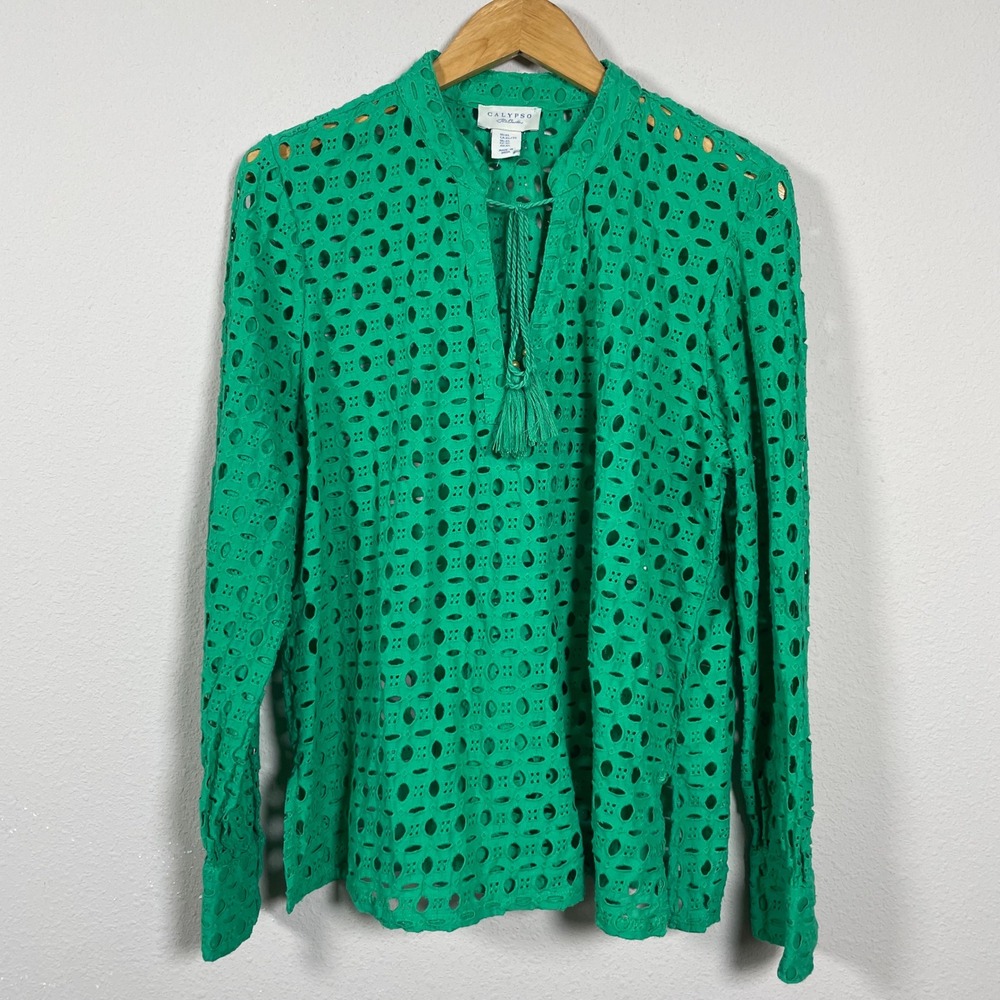 Calypso St Barth Blouse XL Green Coastal Boho Resort‎ Eyelet Lace Tassel Top